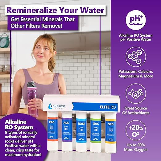 Express Water Elite RO Reverse Osmosis Alkaline Water Filtration System – Quick Twist Filter Change 9 Stage RO Water Filter– Under Sink Water Filter with Alkaline Filter for Essential Minerals 100 GPD