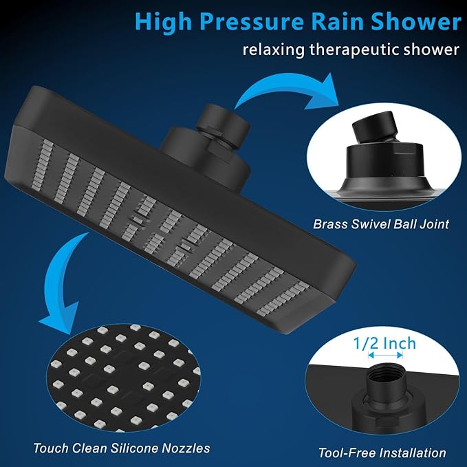 Voolan High Pressure Rain Shower Head - Luxury Modern Look - The Adjustable Replacement For Your Bathroom Showerhead - 6" Square High Flow Pressure Boosting Showers (Matte Black)