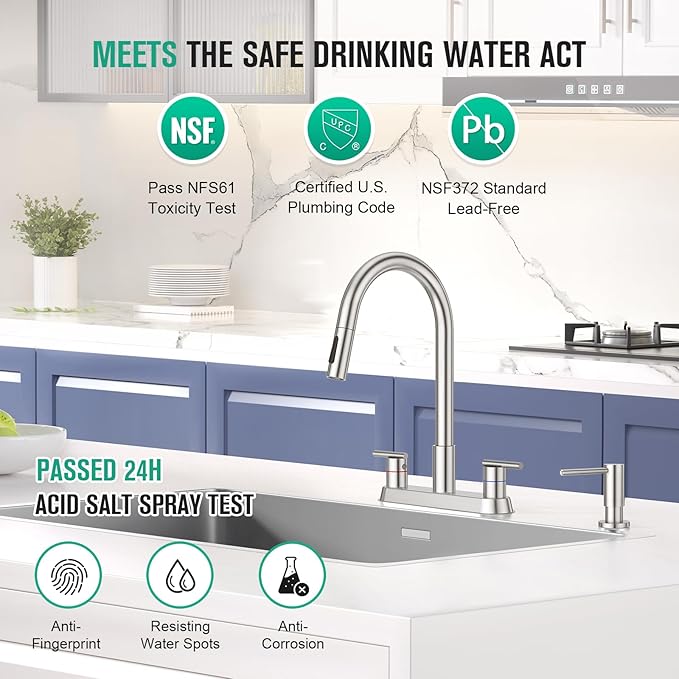 CREA 4 Holes Kitchen Faucets with Pull Down Sprayer and Soap Dispenser,Two Handles 8-Inch Bar Sink Faucet for RV Laundry Camper Utility Sink Brushed Nickel Stainless Steel