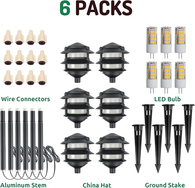 Lumina Lighting® Low Voltage Landscape Lighting Cast-Aluminum Pagoda Path and Area Light Warm White 4W G4 LED Bulb and ABS Ground Stake Included for Yard Walkway Lawn PAL0103-BkLED6 (Black,6-Pack)
