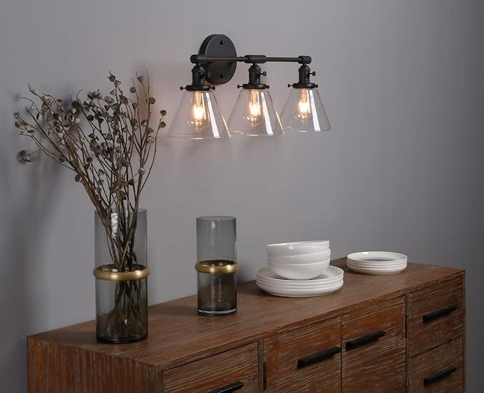 Phansthy 3-Light Wall Sconces Antique Brass Vanity Light, Industrial Wall Lamps with On Off Switch and Clear Glass Lampshade, Vintage Wall Lighting for Bathroom Living Room (Black, Cone Shade)
