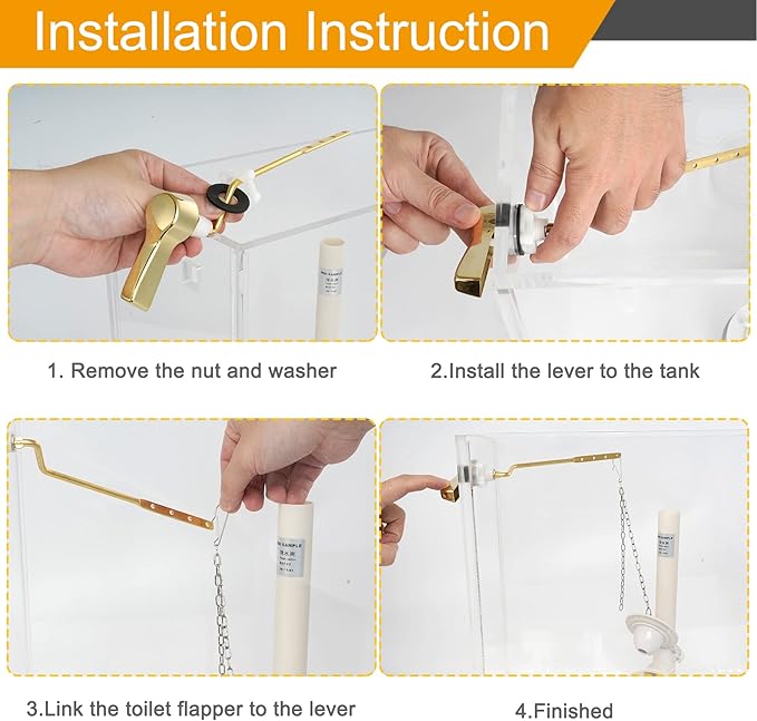 Hibbent Universal Metal Side Mount Toilet Handle Replacement Kit, Brass Toilet Flush Tank Lever with Stainless Steel Flapper Chains for Most Toilets, Shiny Gold