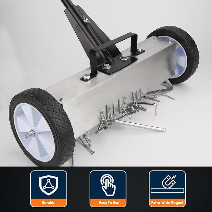 E BAVITE Nail Magnetic Sweeper,17 Inches Heavy Duty Telescopic Magnet Broom Large Rolling Nail Finder Magnet Tools with Wheels Cleanup and Long Adjustable Handle for Construction Yard