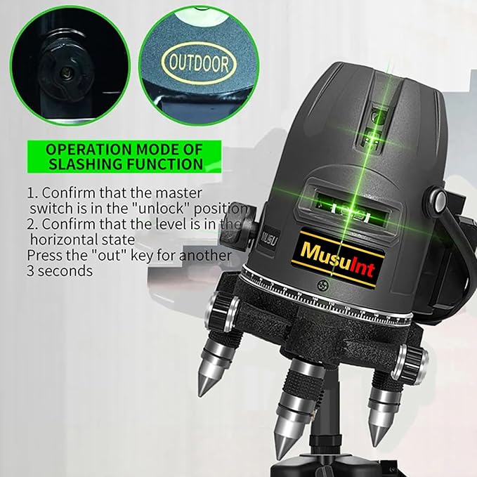 (Outdoor Laser Level) Picture Hanging Tool Green Light Lasers 5-Lines Laser Outside Leveler 360 Self Leveling Super Bright With 360° rotating base and strong light spot Digital display battery