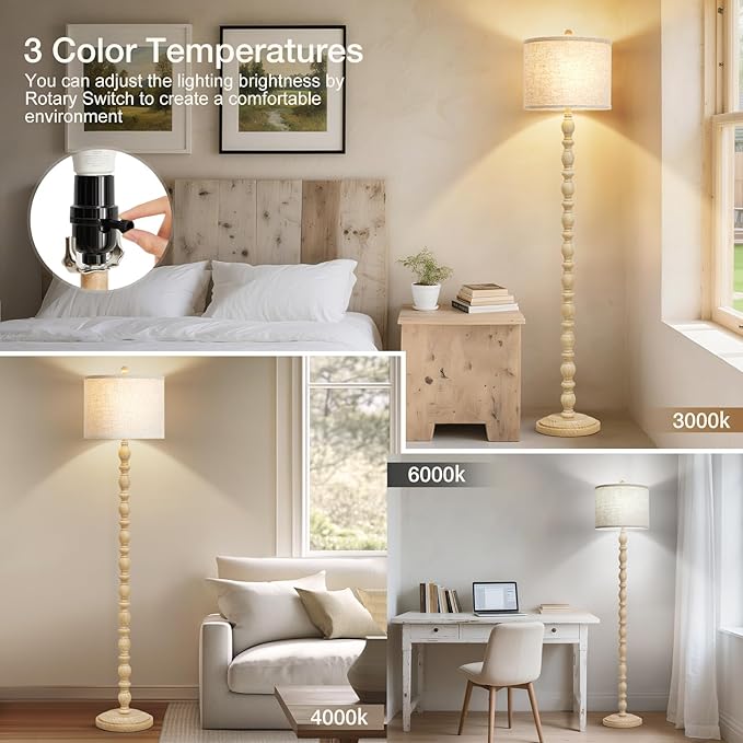 Luvkczc 62" Floor Lamps for Living Room,3 Color Temperature Standing Lamp, Vintage Farmhouse Floor Lamp with Rotary Switch, Rustic Resin Tall Lamps for Living Room, Bedroom, Office, Corner (Cream)