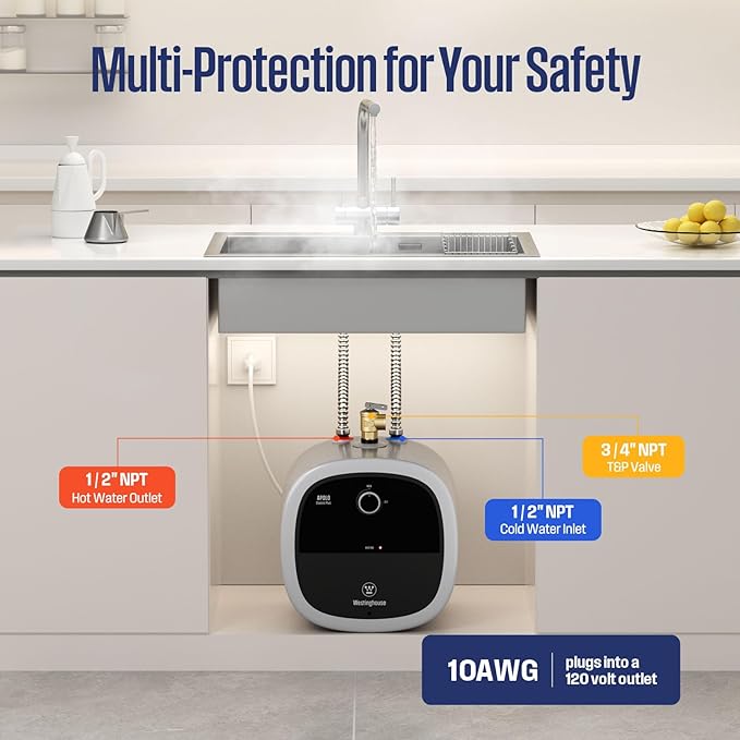 Westinghouse 2.5 Gallon Electric Mini Tank Water Heater, 120V, 1440W Instant Hot Water for Point-of-Use, Compact Under Sink & RV Design, Easy Wall/Floor Mount, UL Listed (Gray)