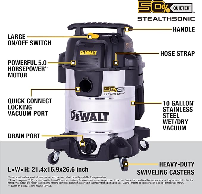 DEWALT 10 Gallon STEALTHSONIC Wet and Dry Shop Vacuum, Ultra Quiet Heavy Duty With Attachments, Powerful Outdoor Vac for Car, Garage, Workshop, Jobsite, Patio, DXV10S-QT, 5 Peak HP