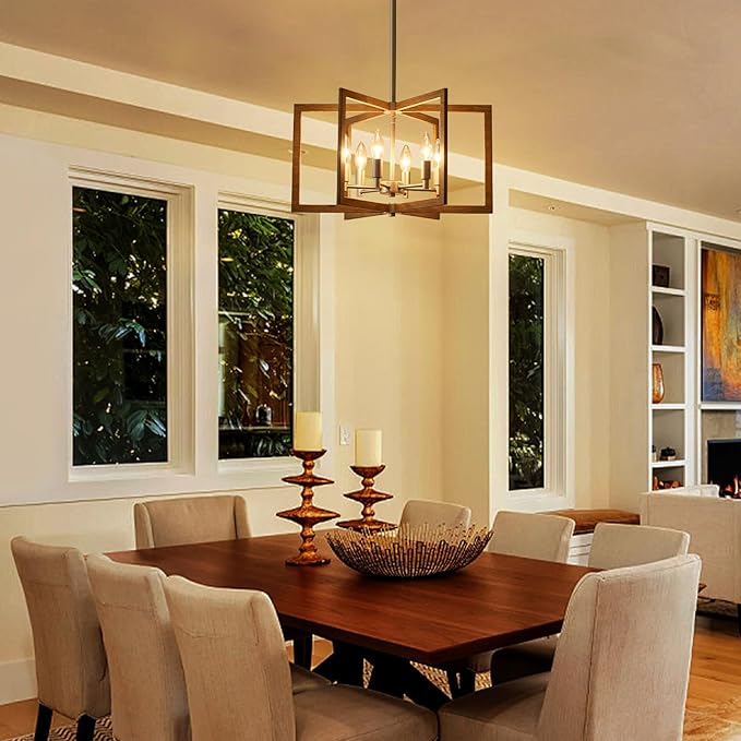 Modern Farmhouse Dining Room Light Fixtures, 20'' Geometric Nickel Chandelier for Living Room Kitchen Island Entryway Bedroom, 6-Light Rustic Wood Grain Pendant Hanging Lighting