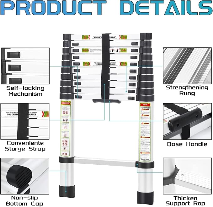 Extension Ladder, 20.3FT RIKADE Aluminum Telescoping Ladder with Non-Slip Feet, Portable Telescopic Ladder for Household and Outdoor 330lb Capacity
