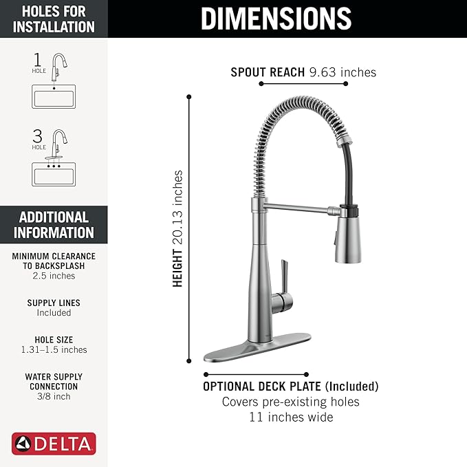 Delta Essa Pro Style Commercial Kitchen Faucet with Pull Down Sprayer, Brushed Nickel Single Hole Kitchen Sink Faucet, Single Handle, Arctic Stainless 9613-AR-DST
