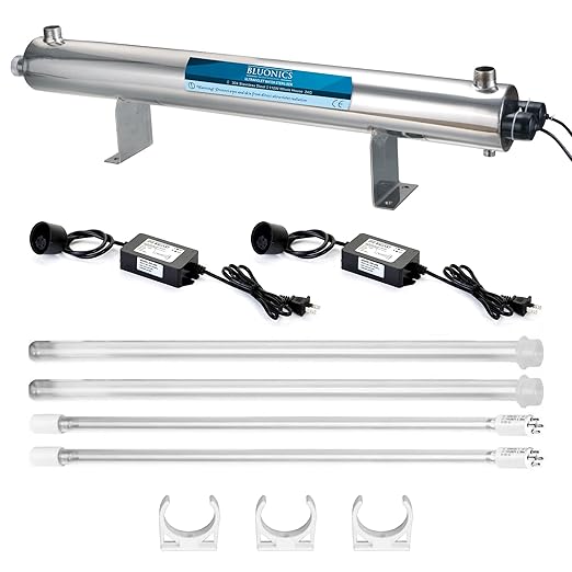 Bluonics 110W UV Ultraviolet Light Plus Sediment and Carbon Well Water Filter Purifier System with NPT 1" Ports, 24 GPM with 3 Filter Size 4.5" x 20" Filters