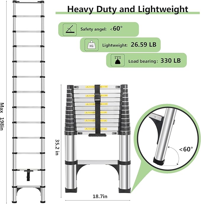 Telescoping Ladders 16.5 FT Aluminum Ladder - One-Button Retraction Collapsible Extension Ladder for Home,RV,Attic & Loft, Lasts 330 LBS with 2 Triangle Stabilizers and 2 Detachable Hooks