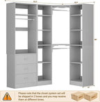Corner Closet System with 3 Drawers, Corner Closet Organizer System with 13 Shelves & 3 Hanging Rods, 63.2"L * 39.2"W Reversible L Shaped Walk-in Closets, Load 2000+LBS, Grey