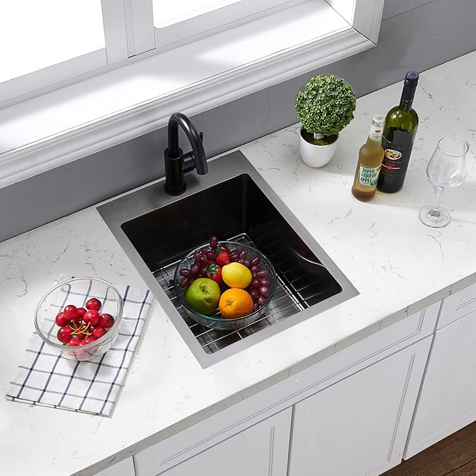 SHACO 15x20 Inch Black Drop In Bar Sink, 15 Inch Top Mount RV Kitchen 16 Gauge Stainless Steel Sink for Small Kitchen Wet Bar Prep RV Yard Office Laundry with Dish Grid & Drain, Gunmetal Black