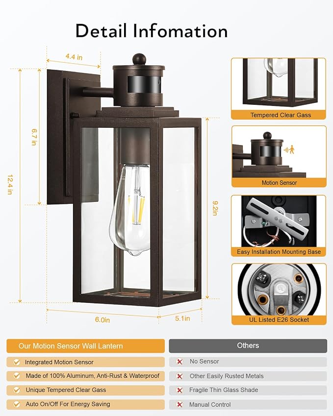 VIANIS Motion Sensor Outdoor Wall Lights, Oil-Rubbed Bronze Dawn to Dusk Exterior Garage Light Fixtures, Aluminum Outside Porch Lights for House Wall Mount, Modern Outdoor Sconce Wall Lantern Lamps