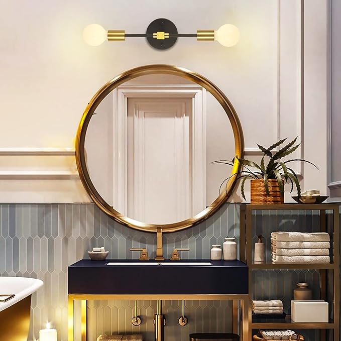 2 Lights Bathroom Wall Sconce Vanity Modern Industrial Wall Lamp Pole Wall Mount Lighting Fixture（Gold/Black Color）