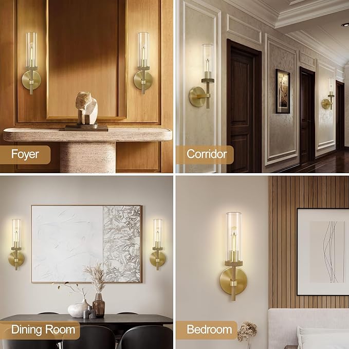 Brass Wall Sconces Lights Indoors, 14" Knurled Linear Sconce, Gold Bathroom Wall Sconces, Glass Tube Vanity Sconces Wall Lighting, Wall Lights for Mirror, Living Room, Bedroom, Hallway