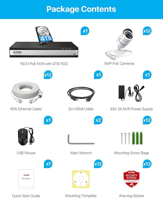 ZOSI 4K 16CH PoE Home Security Cameras System with 4TB Hard Drive,H.265 8MP 16 Channel CCTV NVR,12pcs 5MP Outdoor PoE IP Cameras,120ft Night Vision,Motion Detection,Remote Access,for 24/7 Recording