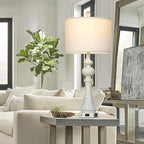 28" Farmhouse Table Lamp with USB A+C Fast Ports & AC Outlets, Vintage Rustic 3-Way Dimmable Touch Control Table Lamp, Rustic Traditional Bedside Nightstand Lamp for Living Room Bedroom White