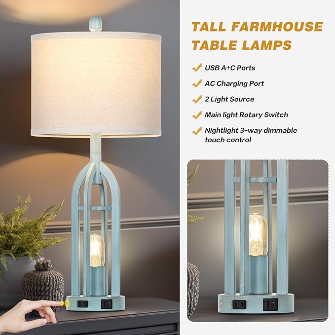 27" Industrial Farmhouse Table Lamp,Vintage Rustic Blue Beside Lamp with USB A+C Charging Ports & AC Outlet, Metal Nightstand Lamp with LED Night Light for Bedrooms (2 LED Bulbs Included)