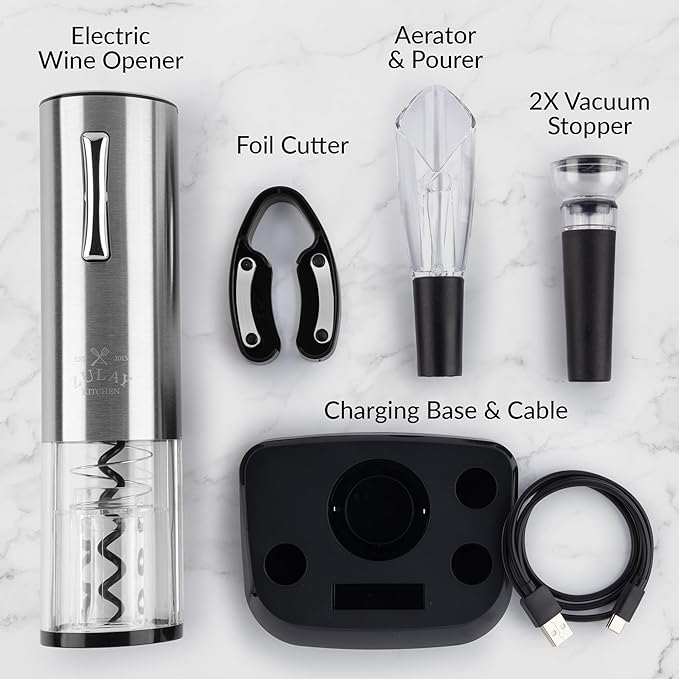 Zulay Kitchen Electric Wine Opener 5-Piece Gift Set with Charging Base - Foil Cutter, Aerator & Pourer, Vacuum Stoppers - Automatic Wine Bottle Corkscrew Opener For Smooth & Fast Uncorking