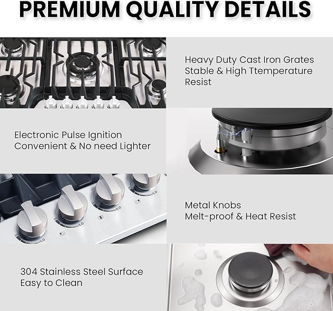 36 Inch Gas Cooktop with Griddle, Propane Stove Top with 5 ITALY SABAF Sealed Burners 41,800BTU, NG/LPG Convertible Built-in Stainless Steel Thermocouple Protection for Rvs Kitchen Outdoor