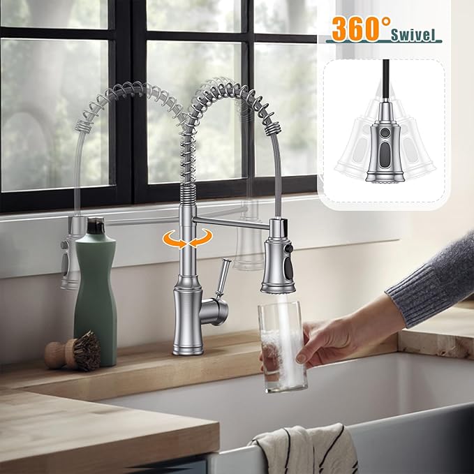 Kitchen Faucet with Pull Down Sprayer, Hurran Commercial Stainless Steel Kithcen Faucets, Single Handle Spring Faucets for Kitchen Sink, Sink Faucet for Farmhouse Wet Bar or RV, Brushed Nickel