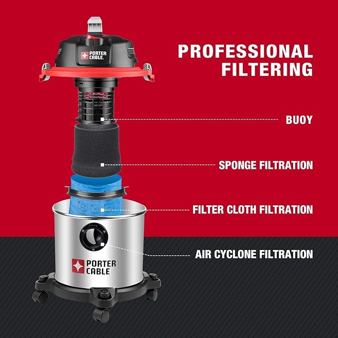 PORTER-CABLE 5 Gallon Wet Dry Vacuum, 4 Peak HP Stainless Steel 3 in 1 Shop Vacuum Blower with Powerful Suction, Ideal for Job Site, Garage, Basement, Model: PCX18406-5B