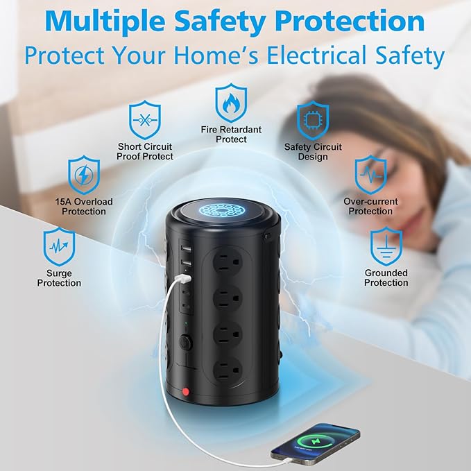 Power Strip Tower Surge Protector with 16 Outlets and 5 USB Ports (2 USB-C), 15FT Extension Cord with Multiple Outlets,Heavy Duty Charging Station,Home Office Dorm Room Essentials.