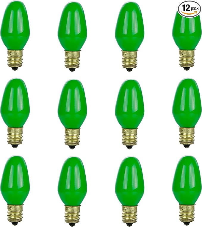 Sunlite 01056 7C7 Incandescent Bulb, 7 Watt, Candelabra E12 Base, C7 Small Night Light, Colored Bulb, Green, 12 Count