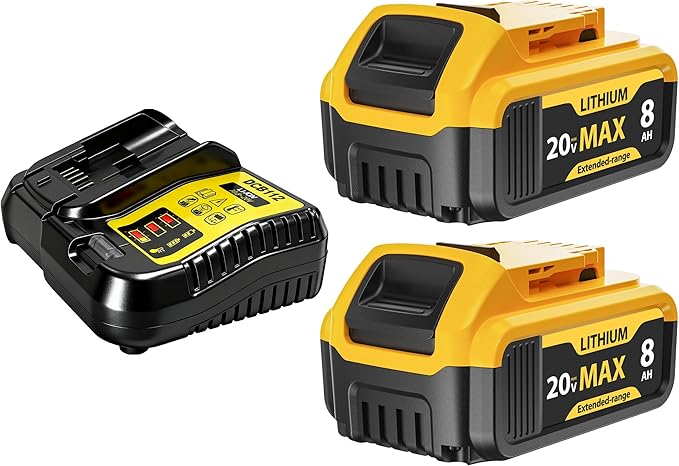 2-Pack 8000mAh High-Capacity Lithium-Ion Battery & Charger Set for DEWALT 20V MAX Battery, Perfectly Compatible with DCB207/DCB204/DCB200/DCB201/DCB203 Series Power Tools, Fast Charging