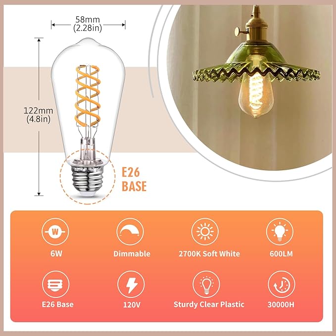 Edison Light Bulbs 60W Equivalent, Dimmable Vintage LED Light Bulbs, E26 Medium Base, Warm White 2700K, ST58, 6W, 600LM, 80+ CRI, Antique Decorative Filament LED Bulb, Clear Plastic, 12 Pack