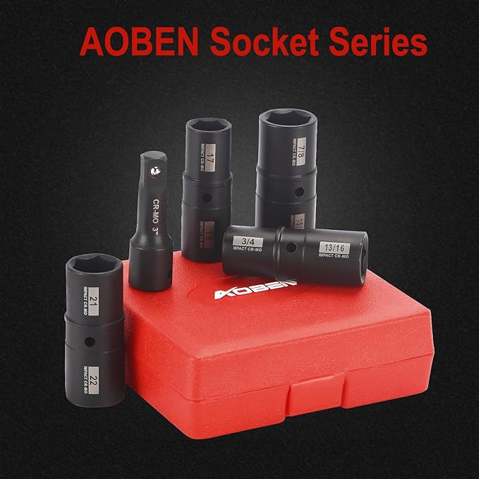 AOBEN 5 PCS 1/2" Drive Impact Socket Set, Flip Socket Set with Cr-Mo Steel, Includes 3 Inch Bar Extension, SAE and Metric Sizes