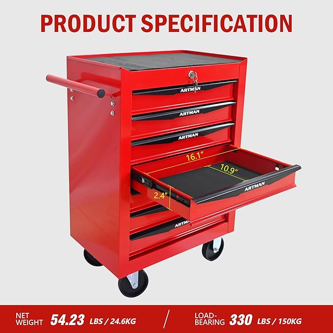 7 Drawers Rolling Tool Box on Wheels, Multifunctional Tool Chest Cabinet with Lock, Drawers Rolling Tool Cart Trolley Organizer Tool Storage Case for Warehouse,Garage,Workshop (Red)