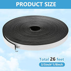 Weather Stripping Door Seal Strip (3/5 Inch X 1/8 Inch X 26Feet), Strong Adhesive, Lightproof, Soundproof, Weatherproof Foam Tape Insulation for Sliding Door, Front Door Frame, Windows- Black