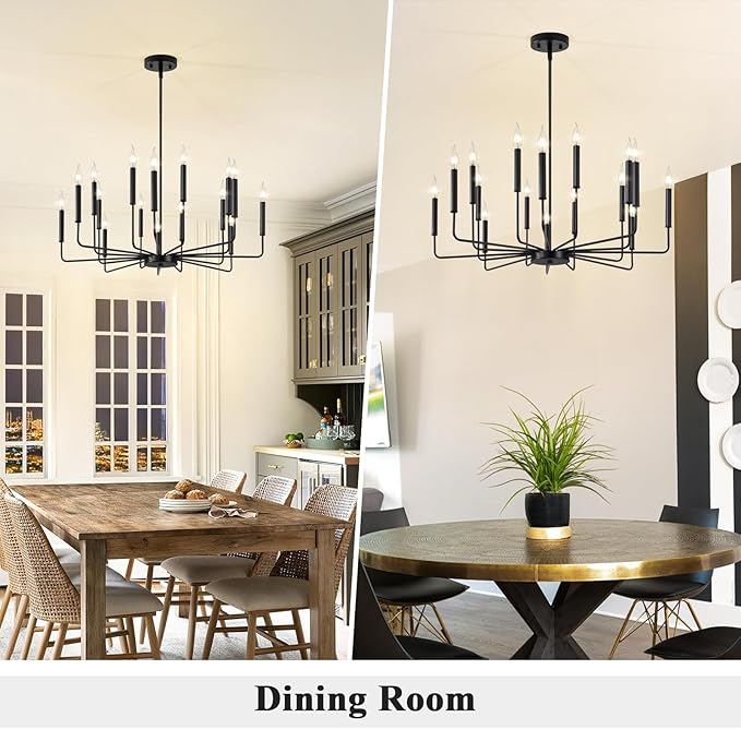 Qamra Farmhouse Black Chandelier for Dining Room, 16-Light Modern Candle Chandelier Light Fixture, Rustic Industrial Hanging Chandeliers Lighting for Living Room, Kitchen, Staircase, Entryway