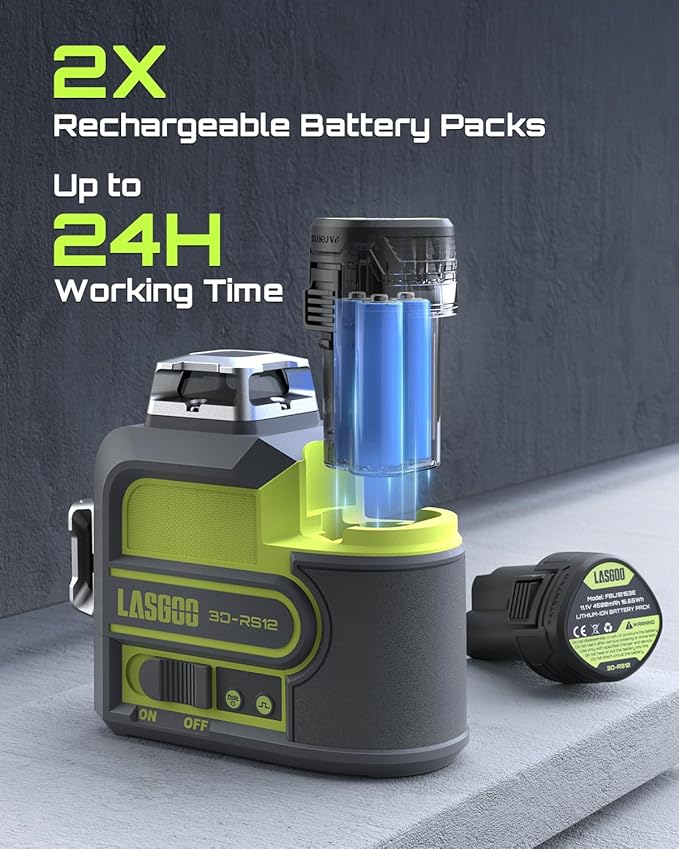 3D-RS12 Laser Level 3x360° Green Beam for Construction and Picture Hanging, Self-Leveling 3D Laser with 2 Rechargeable 11.1V Batteries (24 Hrs), Magnetic Liftable Stand, Type-C Cable