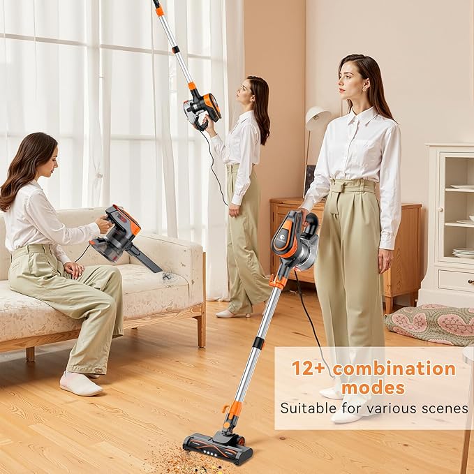 23Ft Corded Vacuum Cleaner, 600W Powerful Self-Standing Stick Vacuum for Home with 20Kpa Suction, 2 Speeds Lightweight Household Vacuum Cleaner for Carpet,Hardwood Floors and Pet Hair