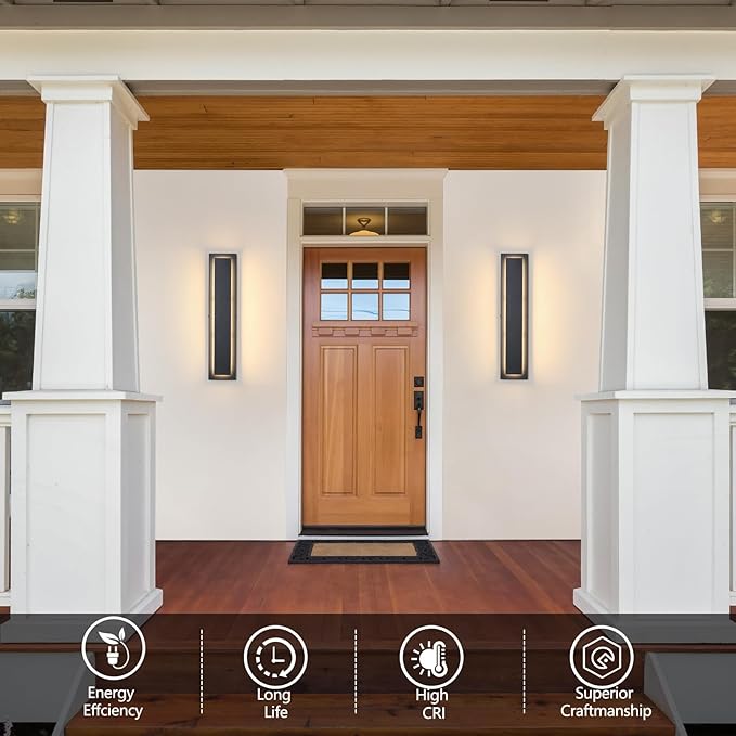 tewei 23.6 Inch Modern Outdoor Wall Sconce, Long Black LED Exterior Lighting Fixtures, Modern Large Outdoor Front Porch Lights Outside Wall Mount Lights for House, Warm White 3000K, 2 Pack