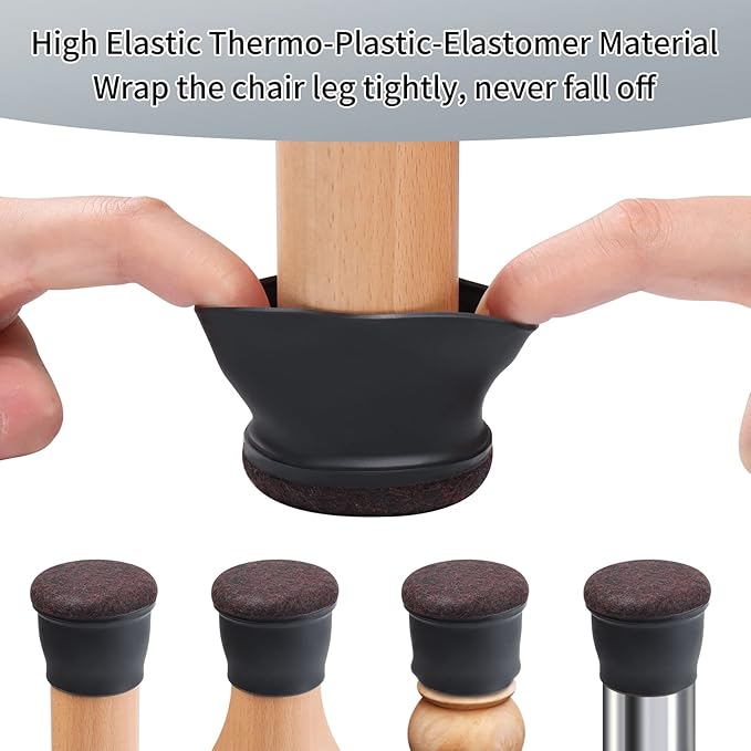 Ezprotekt 8 Pcs Extra Large Chair Leg Protectors with Felt, Silicone Felt Furniture Pads, Floor Protectors for Chair, Bar Stools Leg Protectors Caps, Table Leg Cups Covers (XL Fit: 1.4"-1.65", Black)