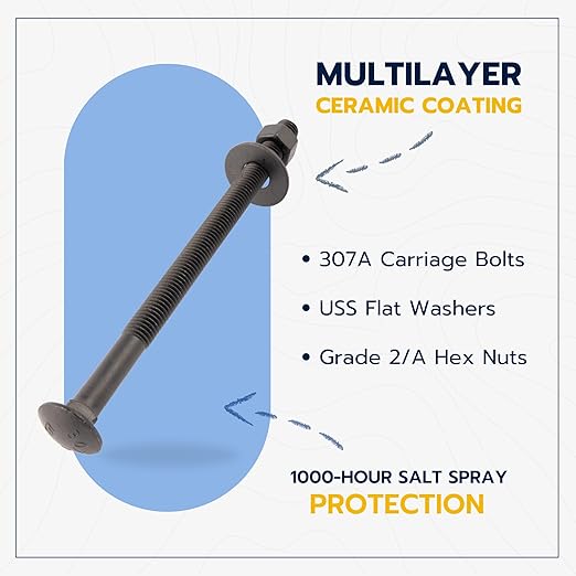 1/2 in. x 6-1/2 in. Black Carriage Bolt Kit Includes 12 Bolts, 12 Washers, and 12 Nuts, Ceramic Black Ruspert Coated for Exterior Use - 2X Rust Resistance of Galvanized by Makers Bolt