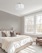 Semi Flush Mount Ceiling Lights, 3-Light 13" Ceiling Light Fixtures with Fabric Shade in Flower Shape, Brushed Nickel Drum Lighting for Nursery Hallway Bedroom Kitchen, AD-22007-3SF-SN