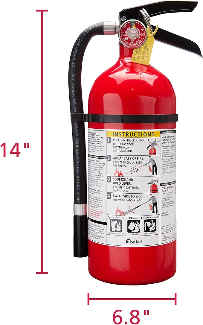 Kidde Pro 210 2A:10-B:C Fire Extinguisher, Rechargeable, Multi-Purpose for Home & Office, 4 lbs., Mounting Bracket Included , Red