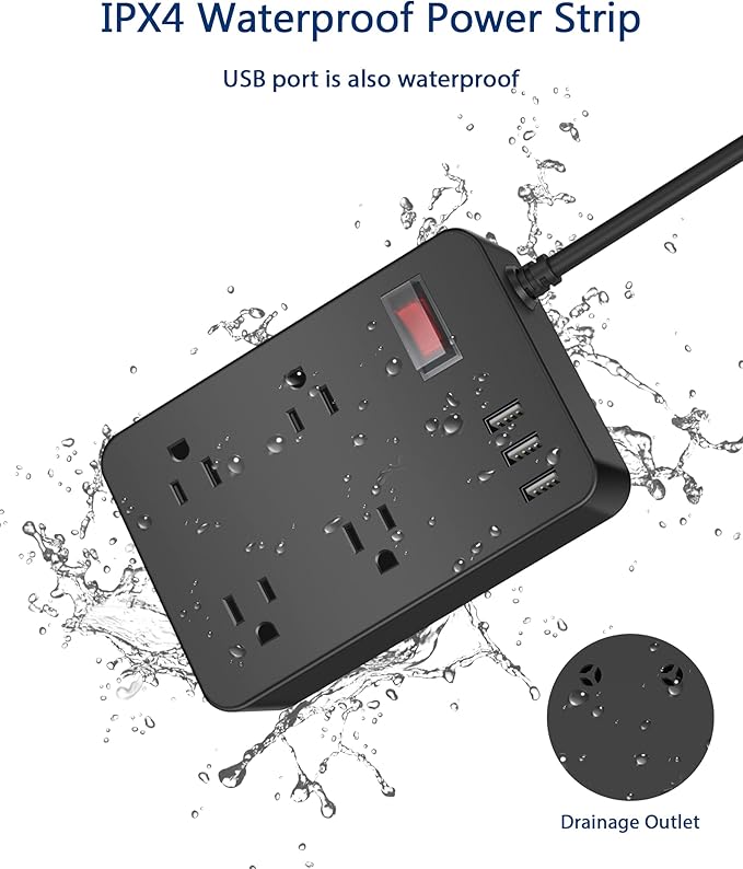 Outdoor Power Strip Weatherproof,Waterproof Surge Protector with 4 Outlets,3 USB,Shockproof Overload Protection, Multi Outlet Extension for Camping, Garden, Kitchen, Bathroom, 6ft Cord,with Flat Plug