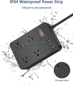 Outdoor Power Strip Weatherproof,Waterproof Surge Protector with 4 Outlets,3 USB,Shockproof Overload Protection, Multi Outlet Extension for Camping, Garden, Kitchen, Bathroom, 6ft Cord,with Flat Plug