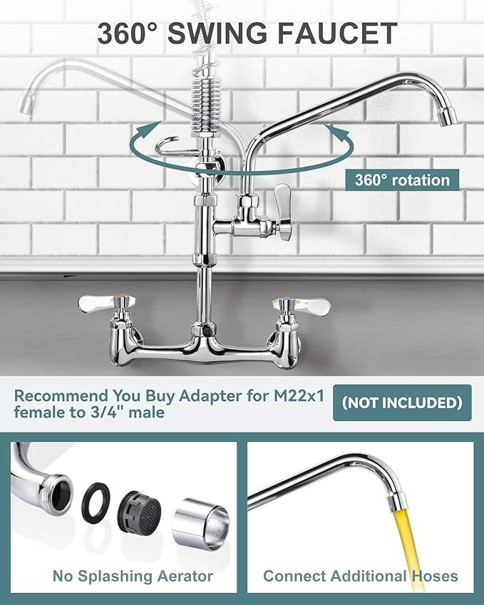 21" Height Commercial Faucet Wall Mount with Sprayer 8" Adjustable Center 9.6" Swing Spout, Kitchen Sink Faucets with Pull Down Pre-Rinse Sprayer for Restaurant Industrial Kitchen, Chrome