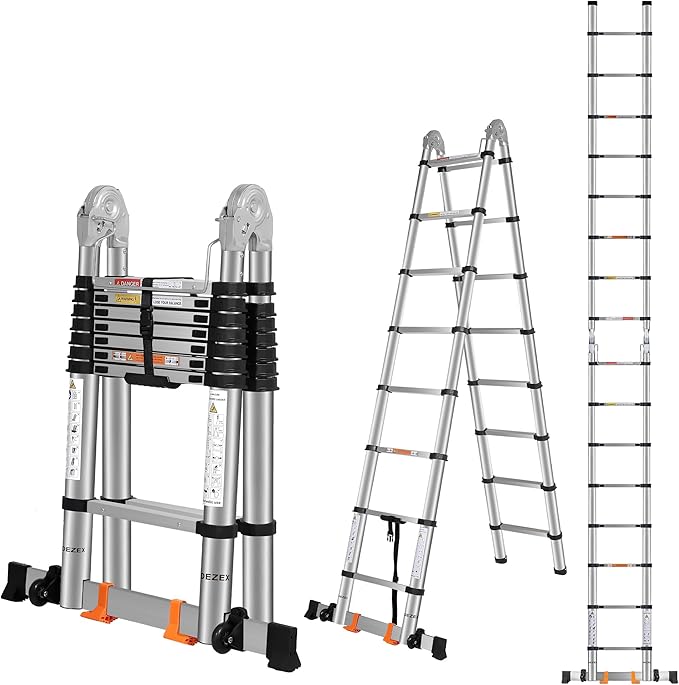 Telescoping Ladders 16.5FT A Frame Stainless Steel Extension Ladder,Heavy Duty Lasts for 375LBS,with Balance Bar and Movable Wheel,Multi-Purpose Collapsible Ladder for Outdoor Indoor