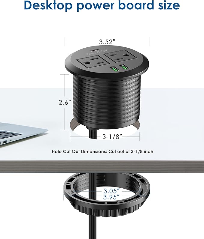 Jgstkcity 3 inch Desktop Power Grommet, Max 65W USB C Charger,2 Outlets, 3 USB Ports, Flush Mount Desk Hole Round Power Outlet, High-Speed Charging Station, Recessed Power Strip,6ft Cord Flat Plug