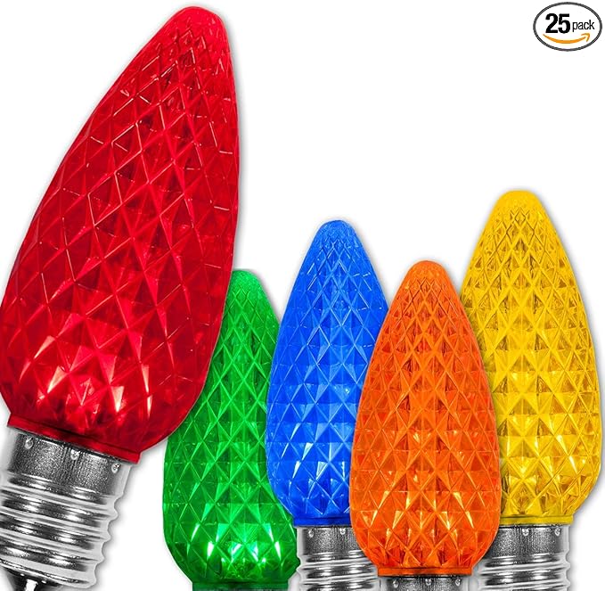 Wintergreen Lighting 25 Pack OptiCore Multicolor C9 LED Christmas Light Bulbs - Replacement Christmas Light Bulbs, Heavy Duty Polycarbonate, E17 Base (Faceted)