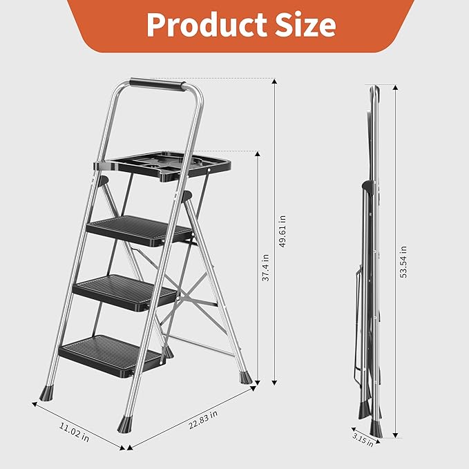 3 Step Ladder, Folding Step Stool with Tool Platform, Wide Anti-Slip Pedal and Anti-Slip Feet, Sturdiest Steel Construction, 600lbs Capacity Steel Ladder for Home Office, Grey